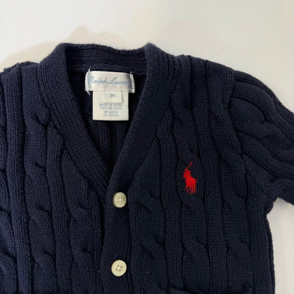 Ralph Lauren Cardigan Boys 3M Navy Blue Cable Knit Pony Logo Sweater